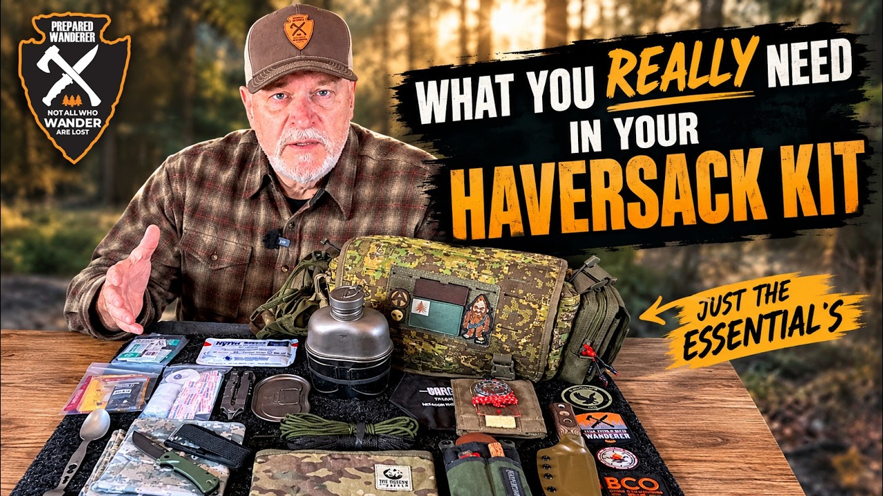 A small messenger bag organized with a canteen, fire kit, and first aid pouch for outdoor use.