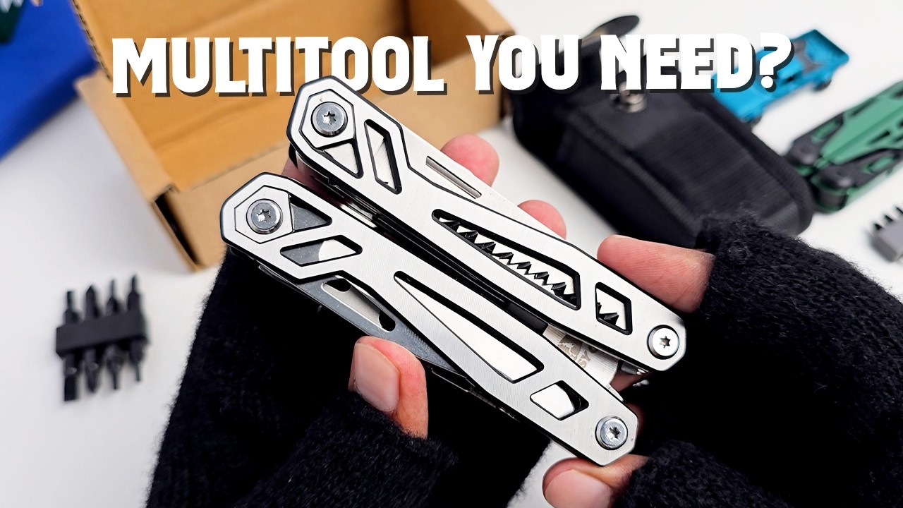 A stainless steel Mossy Oak multi-tool with a serrated blade and integrated screwdriver bits shown in a heavy-duty sheath.