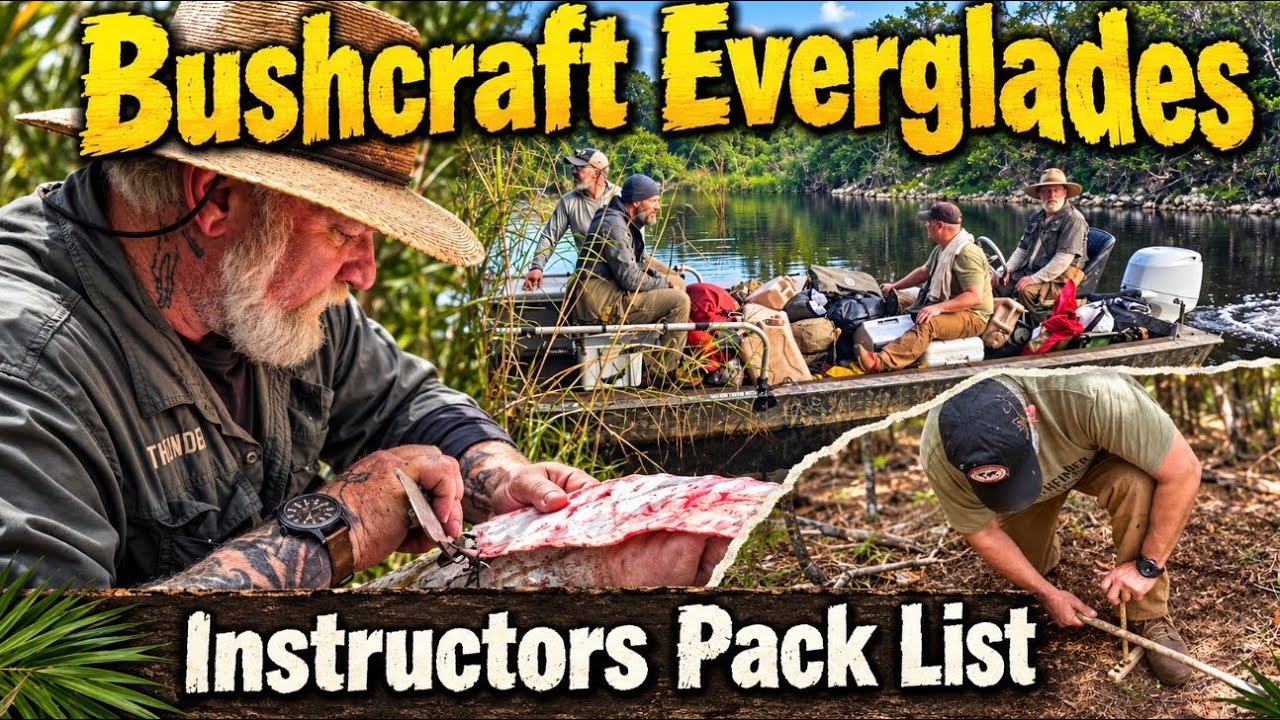 A survival instructor showing a packing list for a swamp bushcraft expedition into the Florida Everglades.