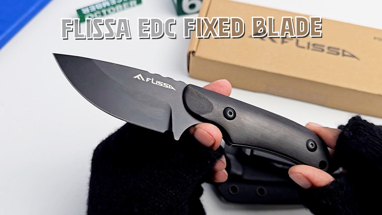 The FLISSA EDC Fixed Blade Knife with its black Kydex sheath showing the wood handle.