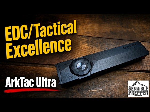 The Olight ArkTac Ultra flashlight showing its slim profile and red command button.